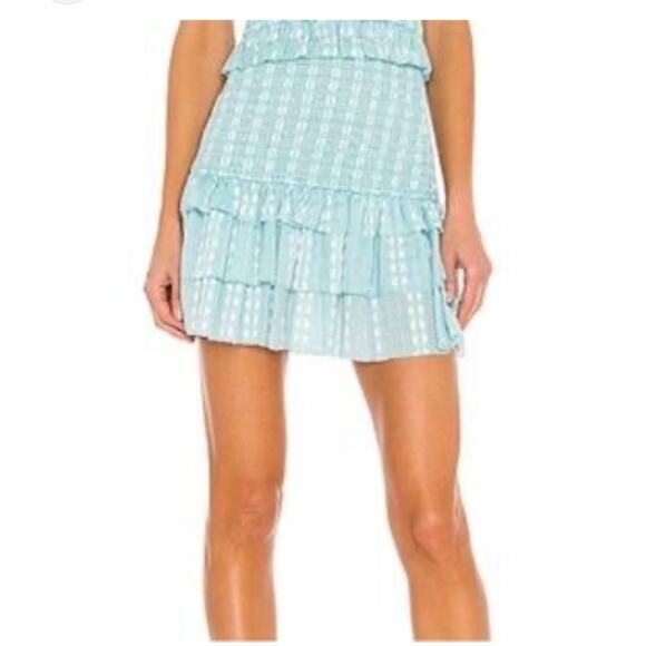 Saylor Womens Celina Smocked Ruffle Mini Skirt Turquoise Sz M Coquette Feminine - Picture 2 of 15